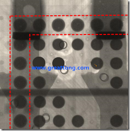 BGA錫球尺寸小于0.4mm，采用降低BGA內圍襲球的錫膏量所得到X-Ray，稍微留意一下可以發(fā)現(xiàn)最外圈的錫量(圓的直徑)比其他內圍的錫球上的錫量來得多一點點。也就是外圈的黑色圓形直徑比內圈的圓形來得大一點點。