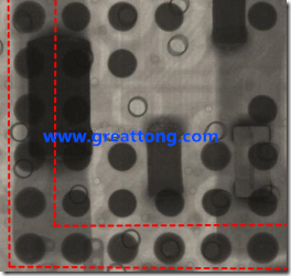 BGA錫球尺寸小于0.4mm，采用降低BGA內圍襲球的錫膏量所得到X-Ray，稍微留意一下可以發(fā)現(xiàn)最外圈的錫量(圓的直徑)比其他內圍的錫球上的錫量來得多一點點。也就是外圈的黑色圓形直徑比內圈的圓形來得大一點點。