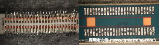把板對板連接器與其電路板的佈線焊墊作一個比較，端子的切斷面有毛邊的地方剛好對到了裸銅區(qū)。