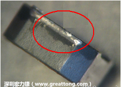 使用錫(Sn)鍍層的電源電感器(Power Inductors)，經(jīng)過推力測試后，其焊點還保留在零件的端點上，所以推力比較高。