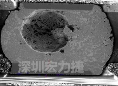 錫球氣泡大到足以影響到焊接的品質(zhì)，下圖是錫球切片后的剖面，可以很明顯看到氣泡已經(jīng)有錫球的 1/3 大了