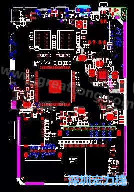 上圖是一個(gè)開(kāi)發(fā)板的PCB，從布局中可以看出各個(gè)接口電路分離很明確，SDRAM和DDR以及SD卡接口電路等走線不會(huì)造成相互的干擾。-深圳宏力捷