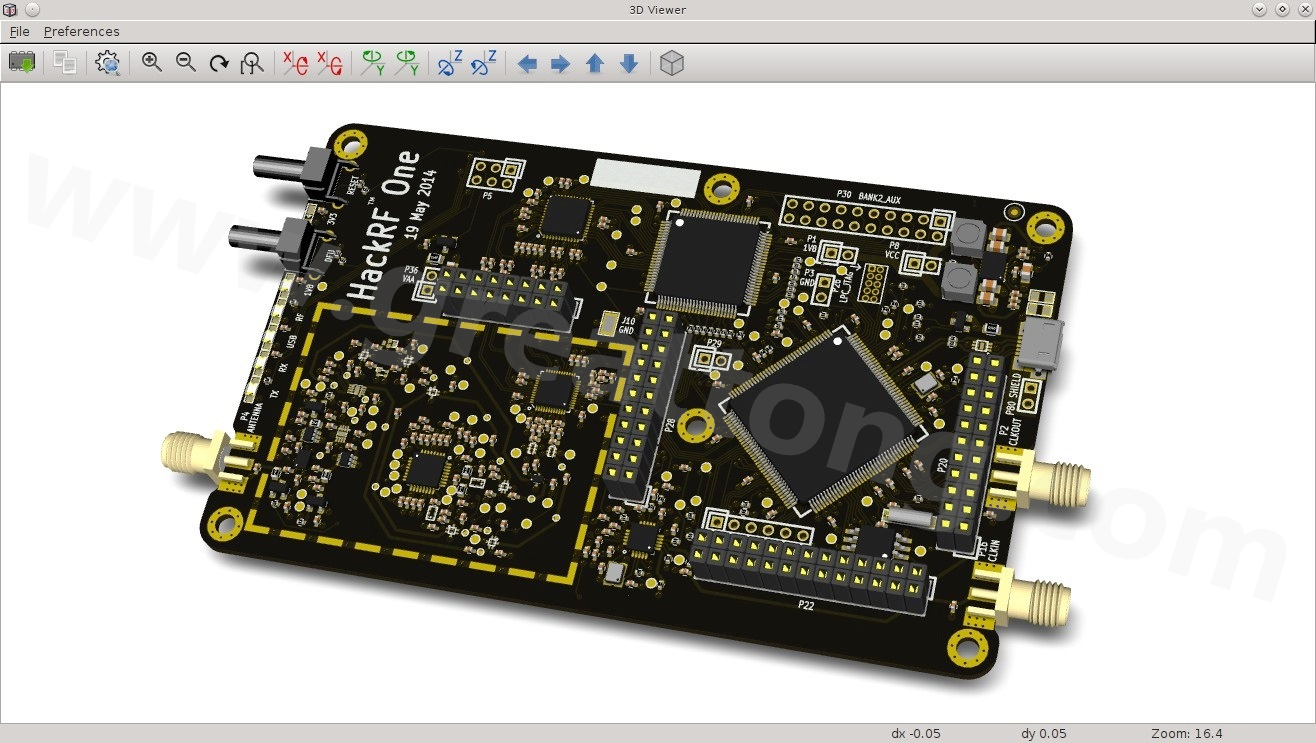 經(jīng)KiCad軟體3D功能渲染過的HackRF One電路板。