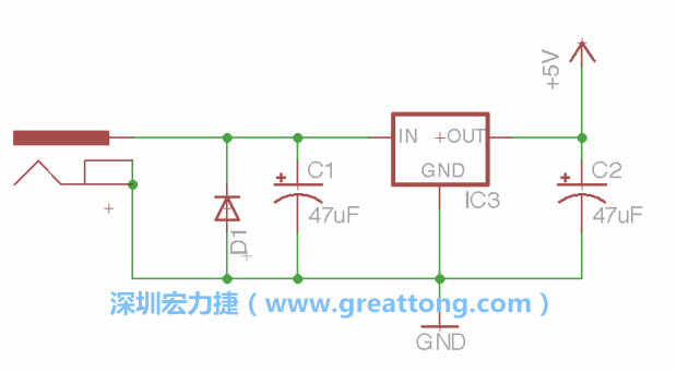 新增RBBB→Power_Jack，將它放在電壓調(diào)整器的輸入端旁邊。