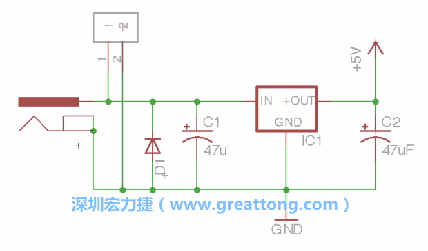 2.5.    新增一個二極體，它會以水平的狀態(tài)出現(xiàn)在屏幕上，請使用「旋轉(zhuǎn)（Rotate）」工具把它負(fù)極那一面朝上，并且用「網(wǎng)絡(luò)連接」工具將它連接在電壓調(diào)整器的輸入端和接地端之間。