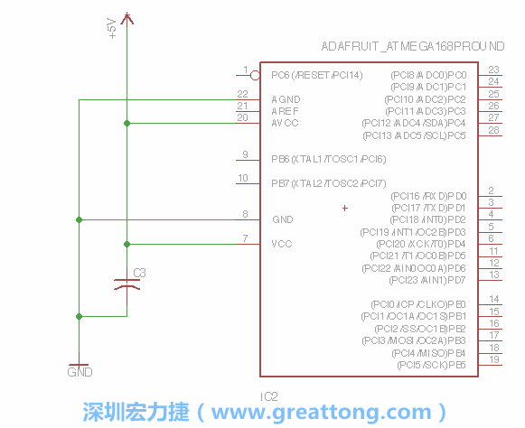 3.1.    新增微控制器晶片（RBBB → ATmega），把它放在電路原理圖的中央附近，把它的兩個(gè)接地接頭連接到接地訊號(hào)端。