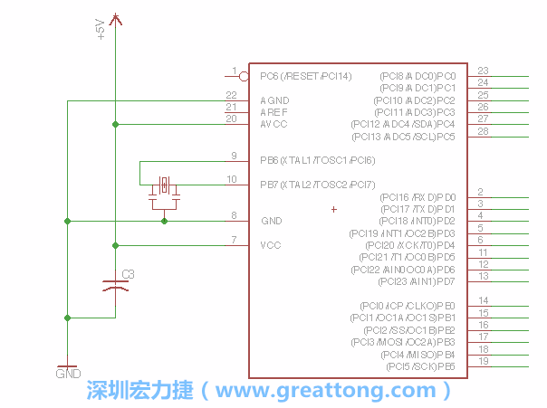 3.2.    在靠近ATmega的電源供應(yīng)針腳7的位置放置一個(gè)0.1μF的電容，將它分別連接電源、接地端和針腳7。