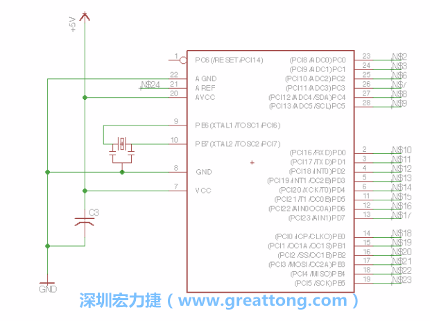 3.3.    將共鳴器（resonator）放置在針腳9和針腳10附近，將它的三個(gè)針腳連接如圖所示，并確認(rèn)最中間的針腳有連到接地端。