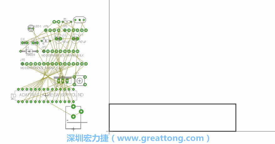 第一次執(zhí)行布線編輯器時，你會發(fā)現(xiàn)有兩個區(qū)塊，左邊的區(qū)塊非?；靵y，而右邊的區(qū)塊則是一個長方形的工作區(qū)域，EAGLE免費版會限制你的工作區(qū)域在4” x 3.2”的范圍內(nèi)，如果你試圖將元件擺放在工作區(qū)外的話，就會跳出警示訊息。