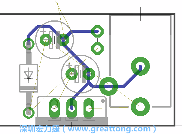 當(dāng)你在擺放元件時，要注意元件間的連結(jié)關(guān)系使用「旋轉(zhuǎn)（Rotate）」工具來讓連結(jié)點更接近、更容易布線。舉例來說，我們可以將這邊的二極體轉(zhuǎn)一個方向來縮短和47μF電容間的連結(jié)距離。