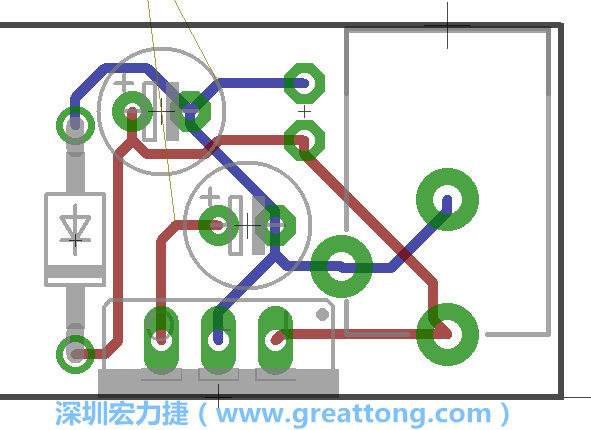 接地連結(jié)點的布線情形如下圖所示，利用這個練習(xí)來避免電路連線銳角化的產(chǎn)生是一個不錯的選擇，你可以在工具列中的彎曲線路（Wire Bend）選項里改變各種布線的變化。