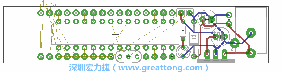 將ATmega微控制器、三個GPIO排針（JP2, JP3, JP4）和諧振器（resonator）排置如上圖所示。