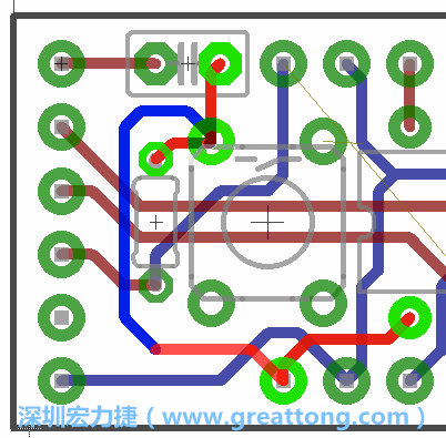 為了要創(chuàng)造一個電路通道，首先要先點擊重置開關(guān)的連結(jié)點進(jìn)行布線，在電路板的背面繪制線路直到其它線路前的乾淨(jìng)區(qū)域。