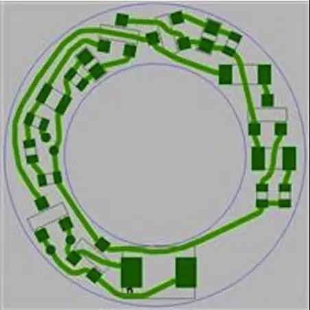 圖6：PCB布線例子：(a)拓撲式自動布線器(完成了100%導線的布線)；